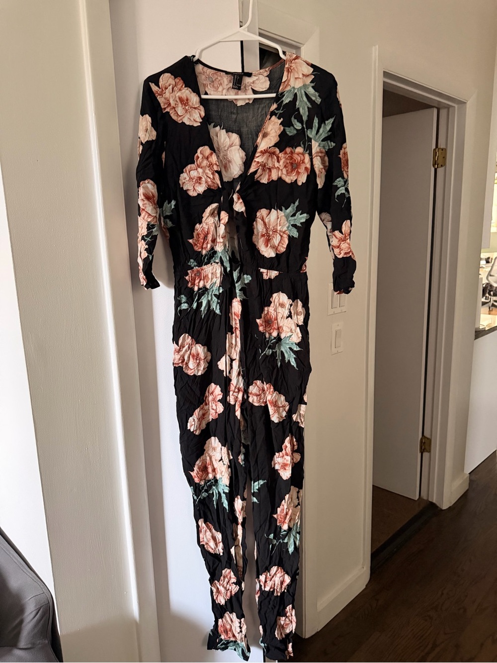 Forever 21 Black Floral Long Sleeve Maxi Dress with Peach and Green Blooms